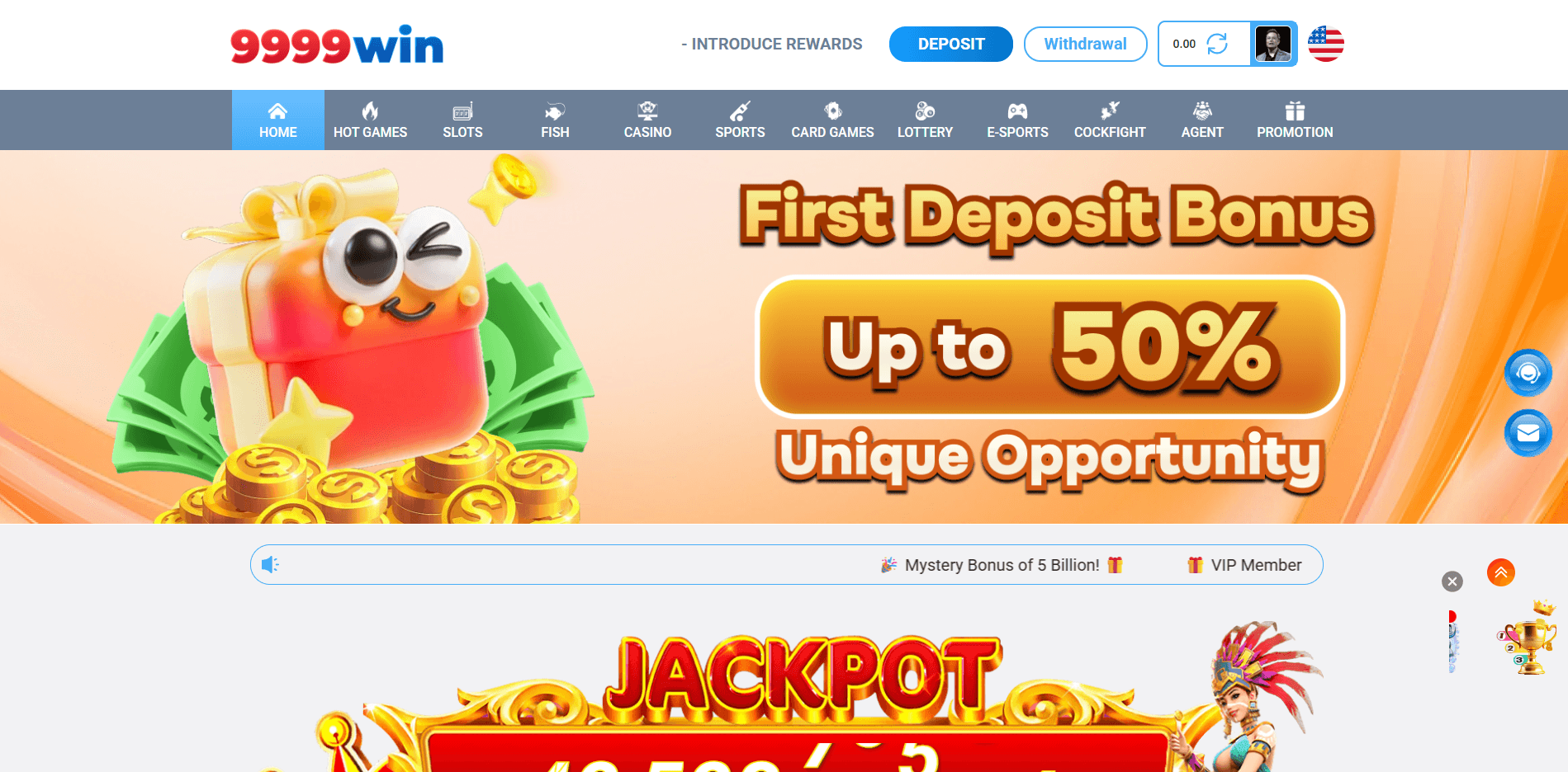 9999WIN game app homepage showing the first deposit bonus and game categories in Pakistan