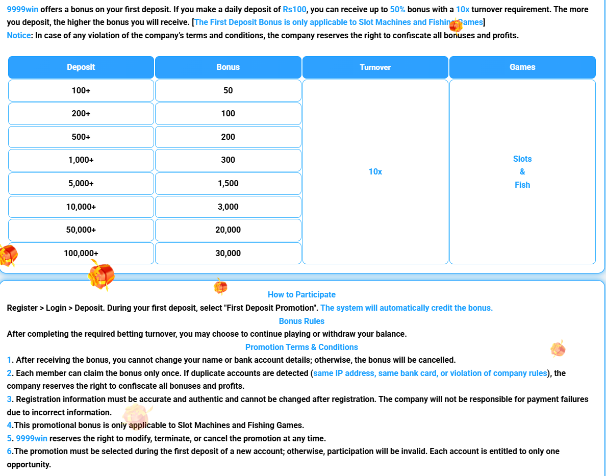 9999WIN first deposit bonus details showing up to 50 percent and 10x wagering for Pakistan