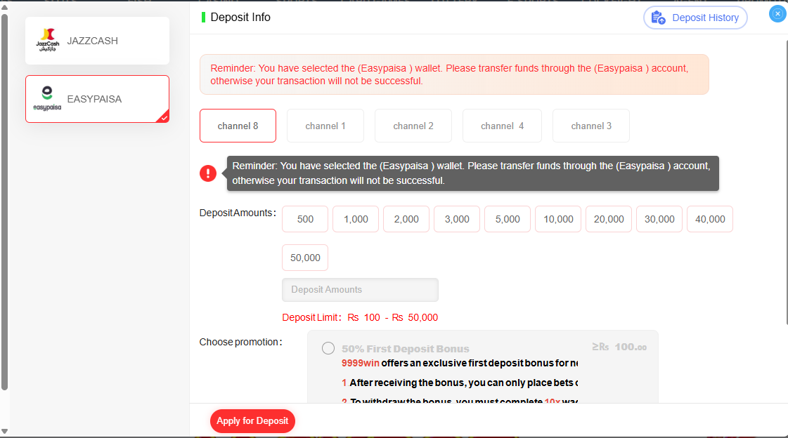9999WIN Easypaisa deposit screen showing the 50 percent first deposit bonus and Rs 100 to 50000 limit
