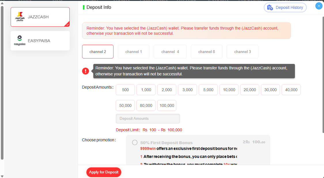 9999WIN JazzCash deposit screen with channels and deposit amounts for Pakistan