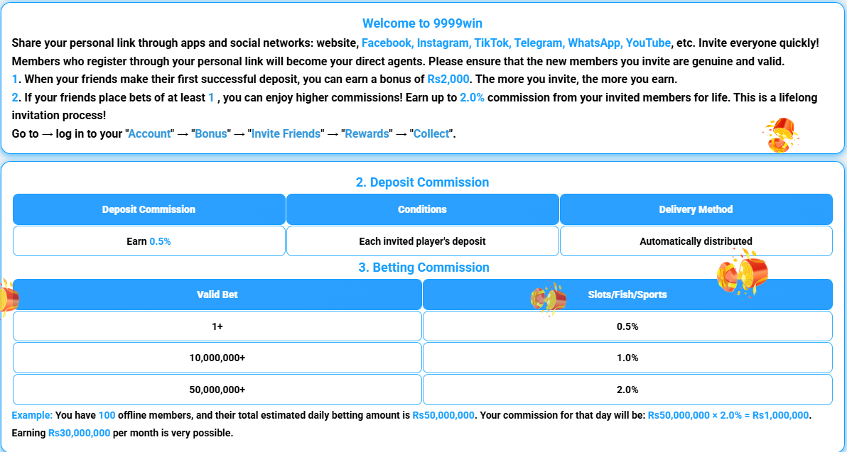 9999WIN invite and earn referral programme details screen for Pakistan