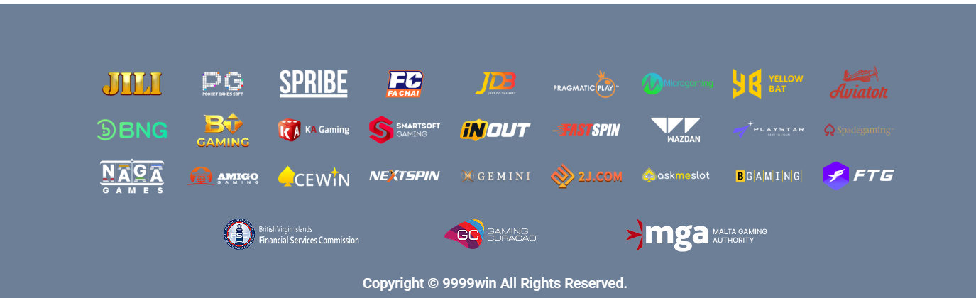 9999WIN game providers and licensing — JILI, PG, Spribe, JDB, Pragmatic Play, Gaming Curacao, MGA and BVI