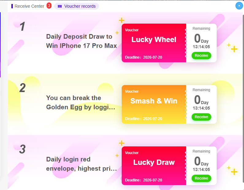9999WIN daily rewards and tasks screen