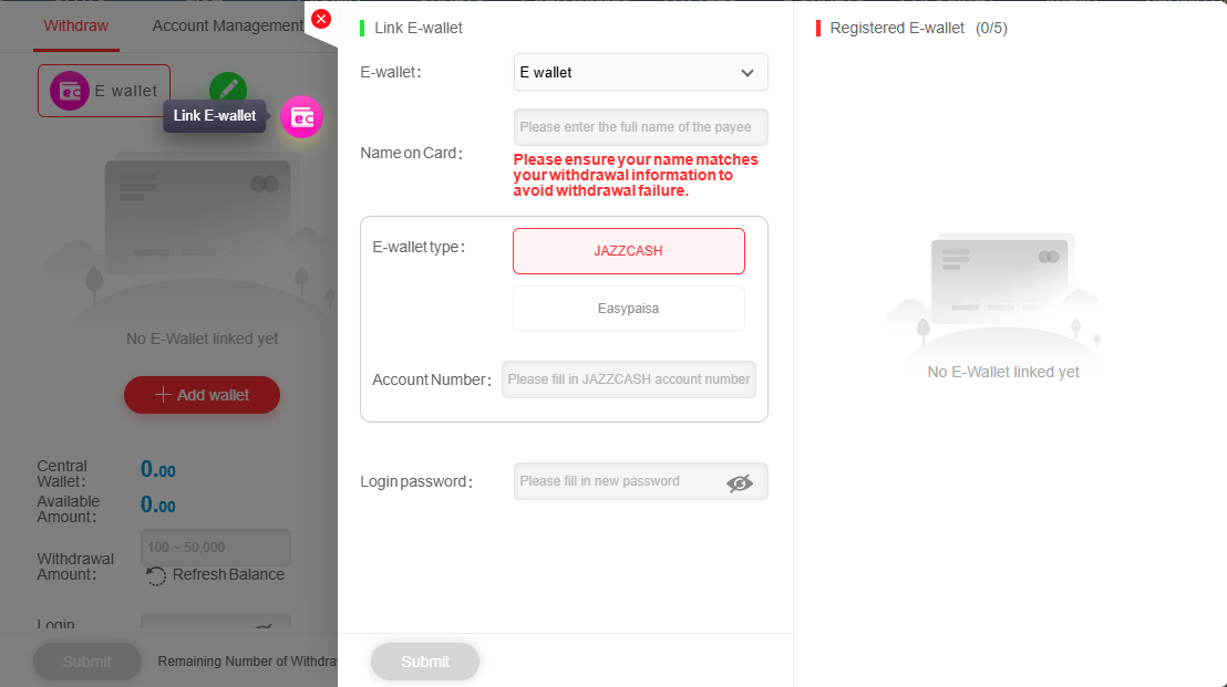 9999WIN withdrawal screen linking a JazzCash or Easypaisa e-wallet with name matching for Pakistan